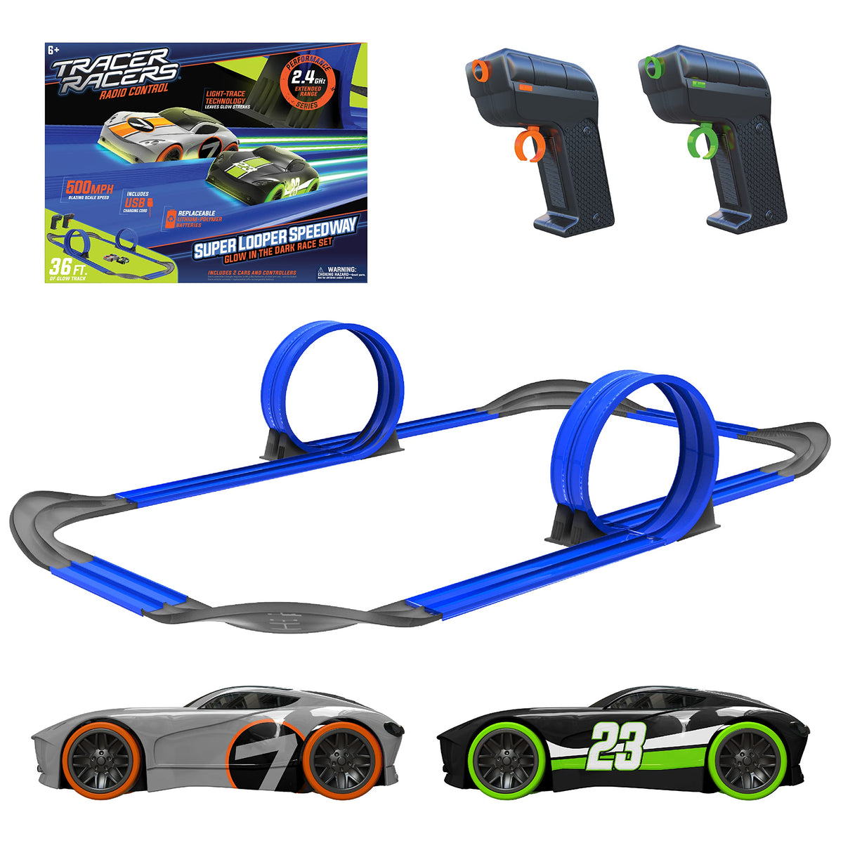 Tracer Racers Remote Control Cordless Glow in The Dark HighSpeed Super Loop Speedway Track Set with Two Cars for Dual Racing, G