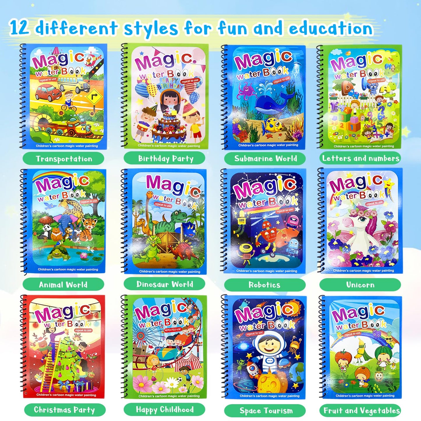 Dduolammng 12 Pack Water Coloring Books,Water Doodle Book Toys,Reusable Water Painting Book For Toddlers,Educational Learning Kits Gifts