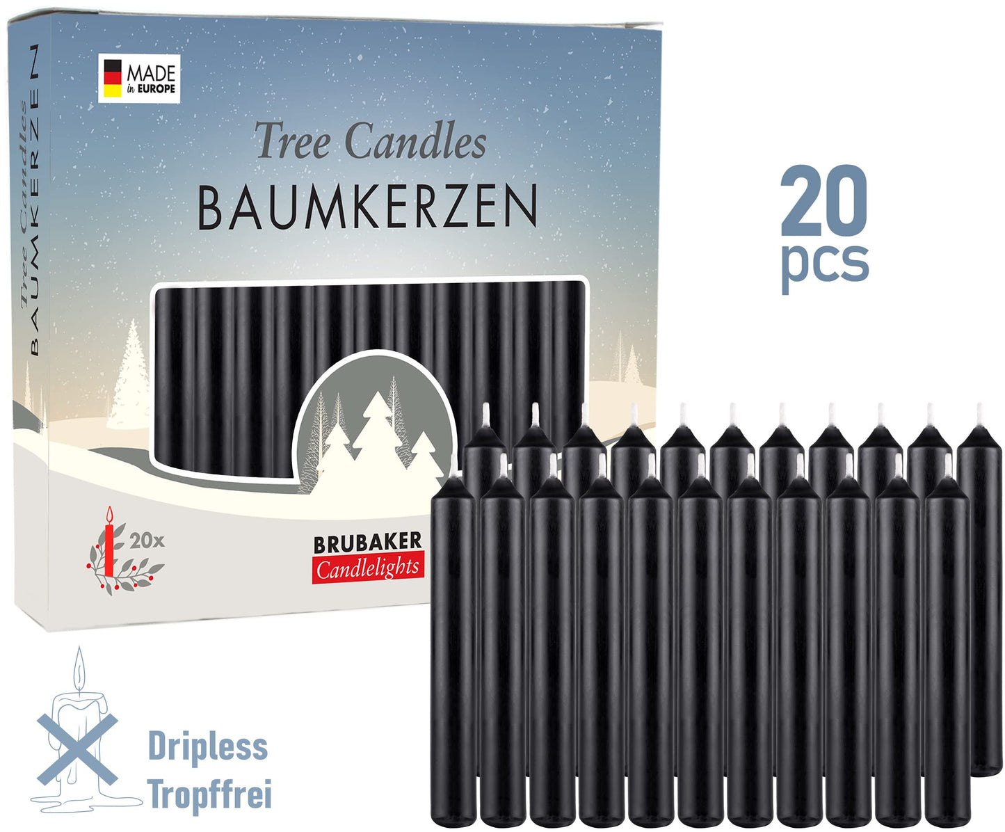 BRUBAKER Tree Candles - Pack of 20 - Black - 3 x  Inches (9.5 x 1.27cm) - Made in Europe - Christmas Wax Candles for Pyramids, C