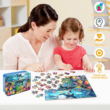 Lelemon Puzzles For Kids Ages 4-6,Underwater World Puzzle 100 Piece Puzzles For Kids In A Metal Box, Educational Kids Puzzles Jigsaw Puzzles 100 Piece Puzzle Games Puzzle Toys For Girls And Boys