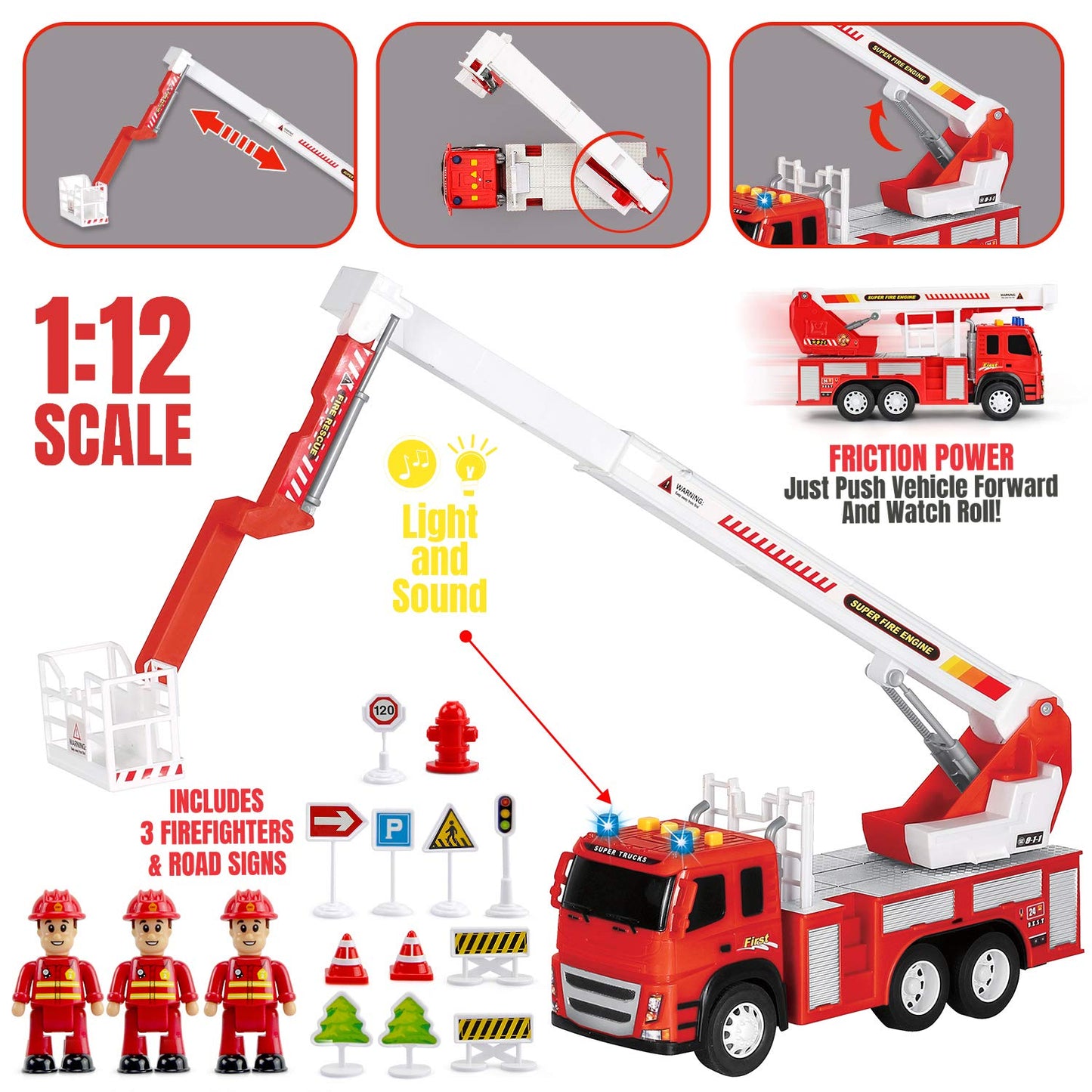 Fire Truck Playset - 1:12 Scale Large Size Toys - Realistic Fire Engine, 3 Firemen, Road Signs, Lights, Sounds - Friction-Powere