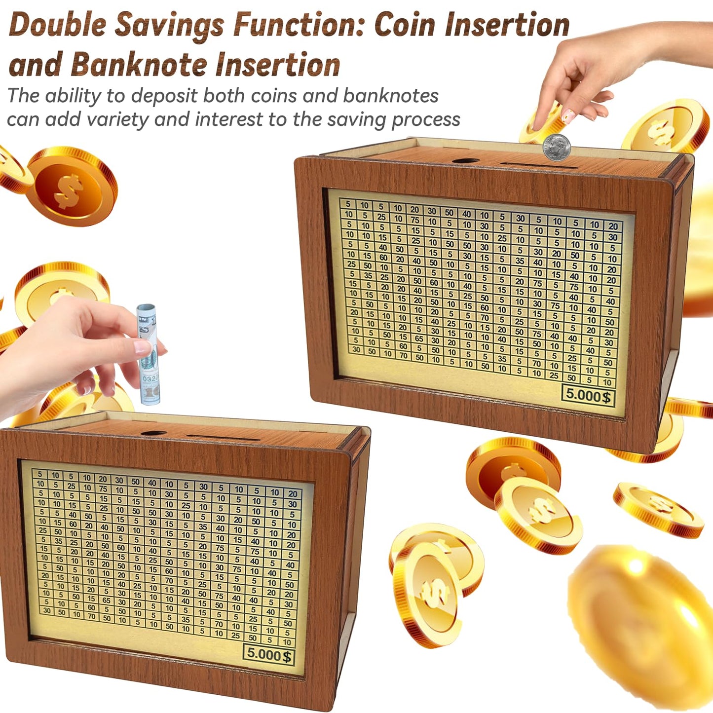 Wooden Piggy Bank Retro 5000/3000/8000/10000/1000 USD Money Savings Box for Bills and Coins Personalized Large Piggy Bank for Kid mature-themed Boy Girl Cute Money Saver with Number Tick Best Gift for Friend