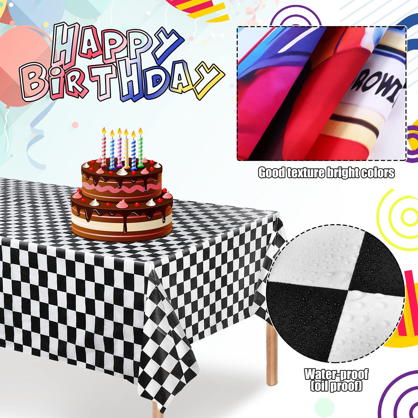 Monster Truck Party Supplies Include 1 Piece Monster Truck Backdrop 1 Piece Plastic Checkered Flag Tablecloth, Happy Birthday Mo