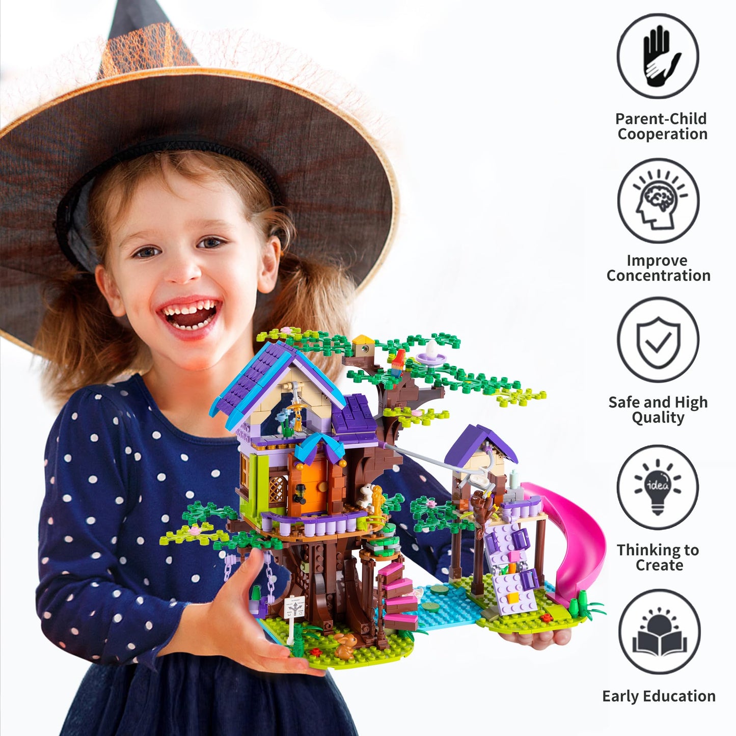 Hiemao Treehouse Building Blocks, Friendship Forest Treehouse Building Toy With Slide, Swing, Animals, Creative Forest Toy Great