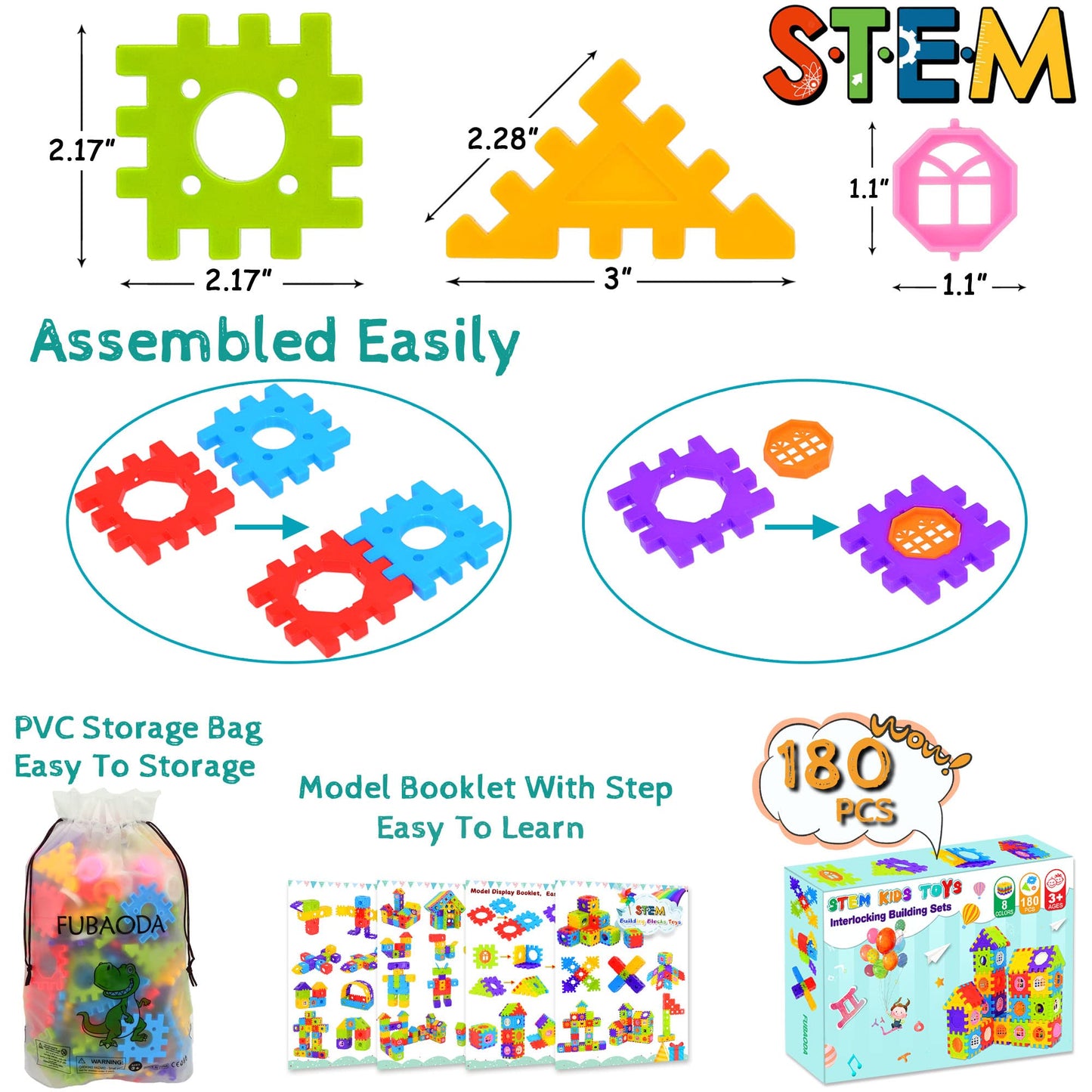 Fubaoda Building Blocks For Toddlers & Kids 180 Pcs Toy Building Sets – Stem Building Toys –Interlocking Building Blocks For Toddlers And Kids