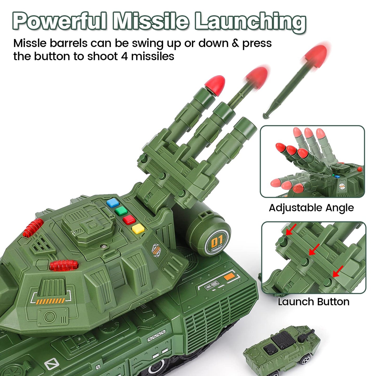 Tank Toys for 3 4 5 6 7 8 Year Old Boys - Army Toys Tank with 6PCS Alloy Die-Cast Army Vehicles, Kids Military Tank with Light,