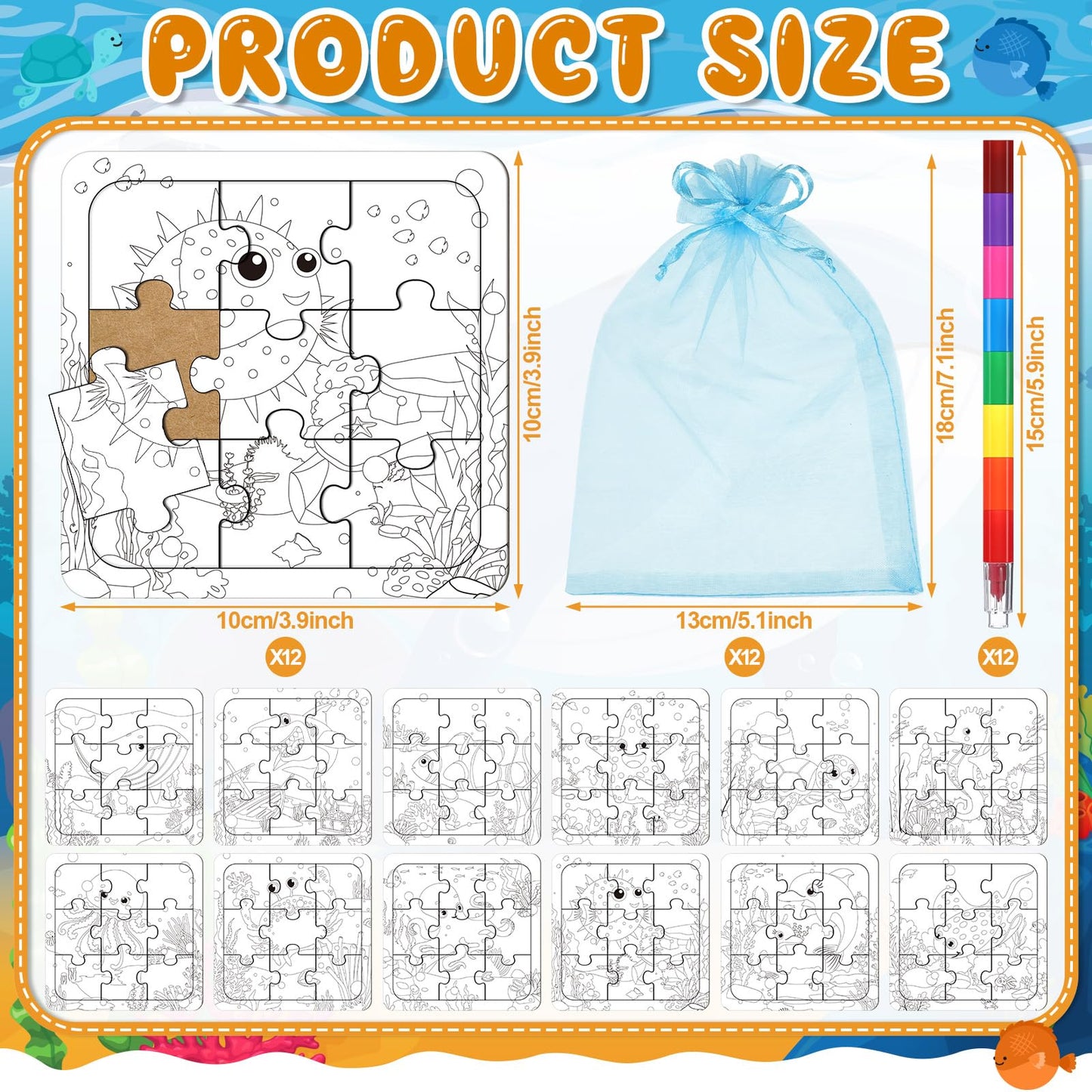 Fullhawl 12 Sets Sea Animal Puzzles Summer Color Your Own Puzzles DIY Ocean Jigsaw Crafts with 12 Stackable Crayons and 12 Bags for Ocean Theme Gifts Birthday Party Supplies(12  Sea)