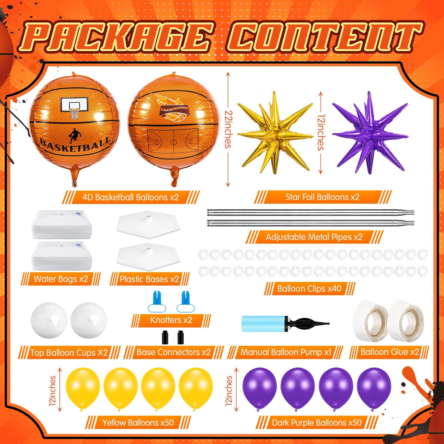 Kasyat Basketball Balloon Column Stand Kit - 4D Gold Purple Star Balloons, Yellow & Purple Arch, Model AU-Kasyat-1500