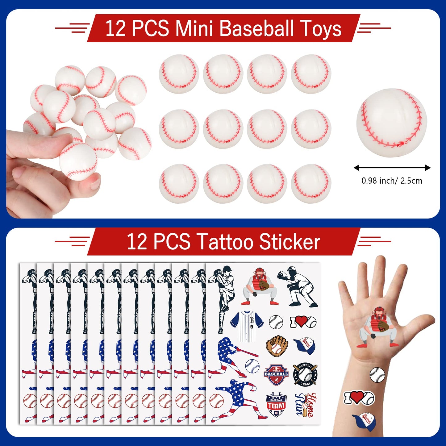Erweicet Baseball Party Favors Set 72 PCS Baseball Slap Straws Silicone Bracelets Tattoo Stickers Mini Bouncy Balls Toy for Good