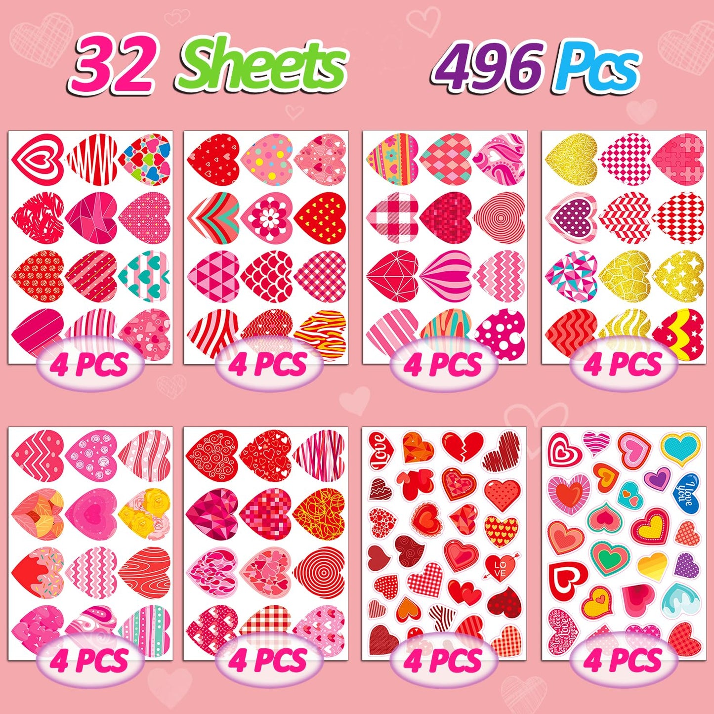 Valentines Stickers, 32 Sheets Cute Heart Stickers, Valentines Day Stickers for Kids, Class Gifts for Kids Classroom School, Cra