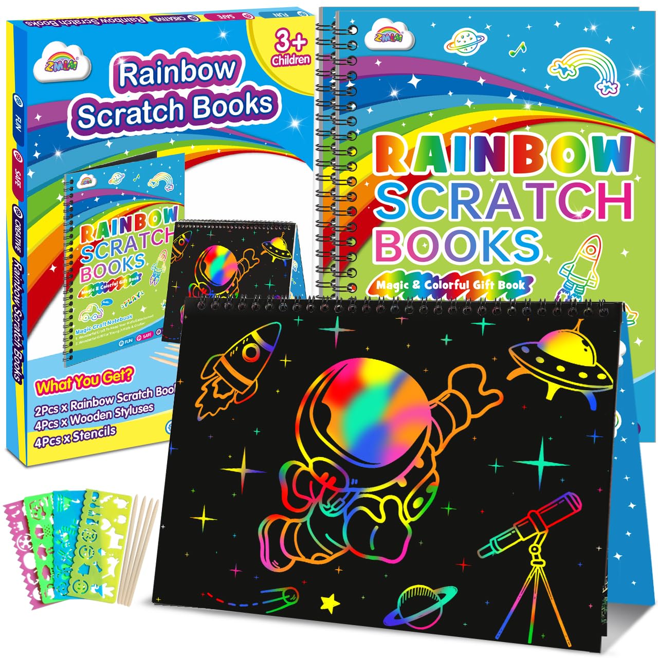 Zmlm Scratch Paper Art-Crafts Gift: 2 Pack Rainbow Notebooks Supplies Toys Easter Basket Stuffers For 3 4 5 6 7 8 9 10 Years Old Girls And Boys Kids Birthday Party Games (Blue)