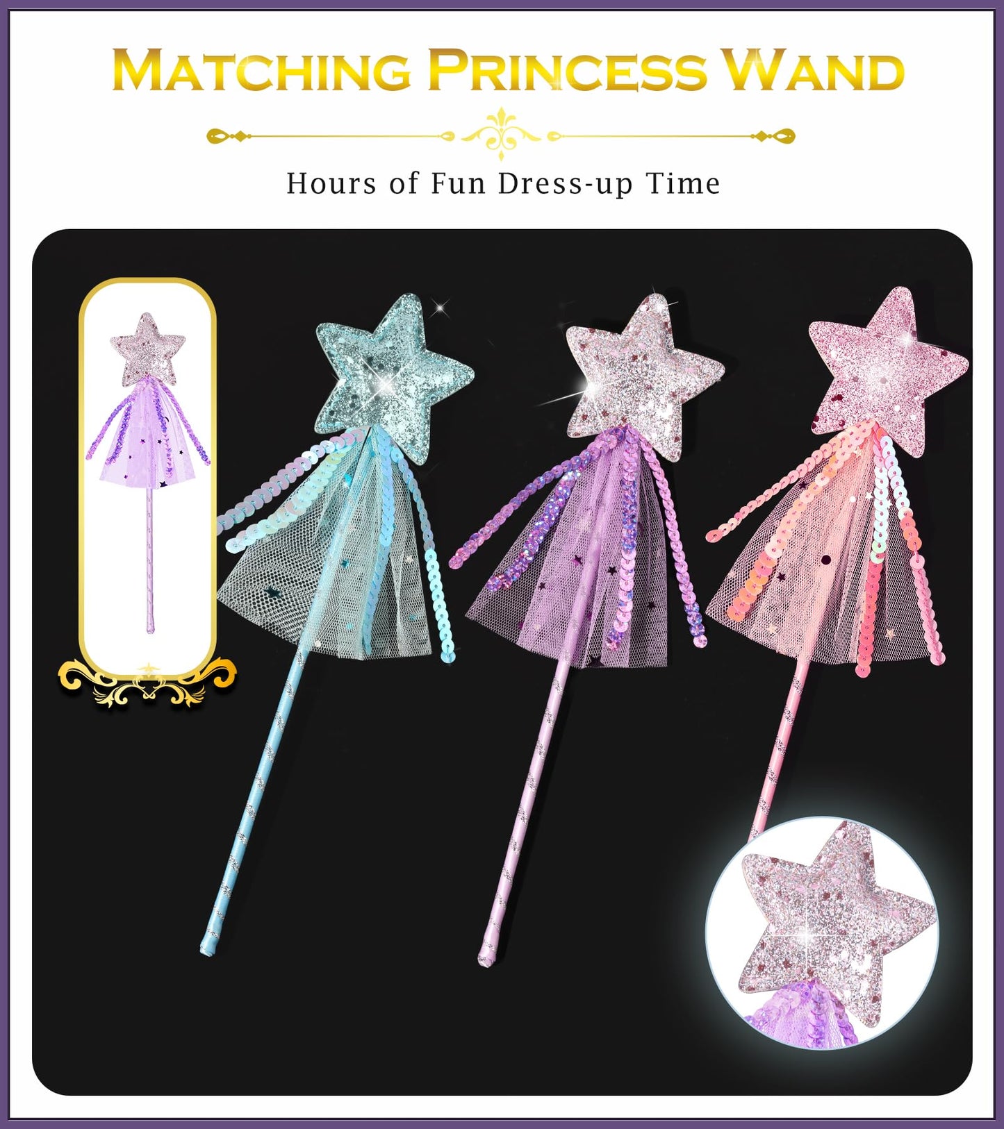 Princess Dress Up Accessories Magic Wand For Kids, 3Pcs Glitter Star Wands Fairy Wands, Princess Wands For Little Girls Party Favor Decorations, Costume Set Toy Gift For 3 4 5 6 Year Old Toddler Girls