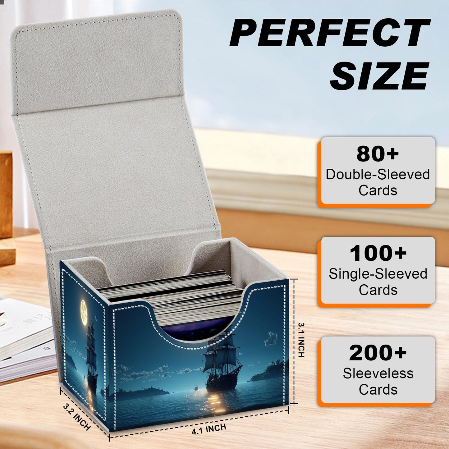 DEGDFSGR for TCG MTG Card Game Storage Box Organizer Trading Card Case Commander Deck Box Magnetic Closure Creative Pattern Up to 200 Cards  Moon Ship Blue Sea