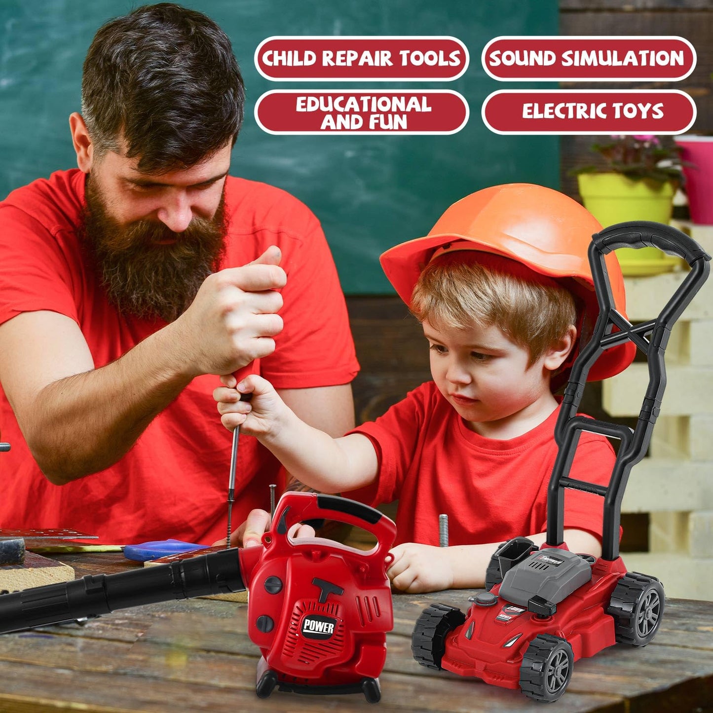 Arrowbash 2 Pcs Toy Gardening Tool Set for Kids Leaf Blower  Push Lawn Mower Battery Powered Gardening Tool Set with Lights and Sounds Gift for Boys Girls