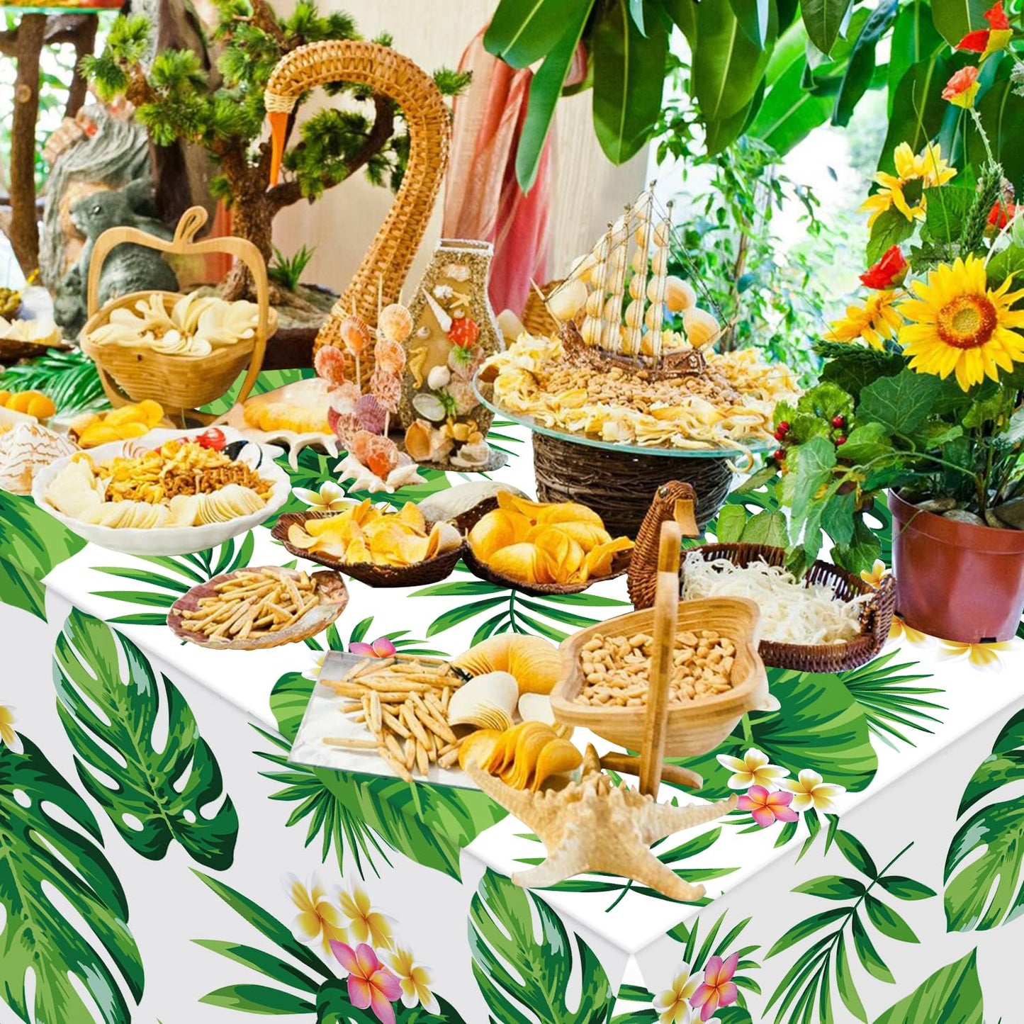 4 Pack Hawaiian Luau Tablecloths Tropical Palm Leaves Table Cloth Hawaiian Luau Table Cover Palm Leaves Table Cloth Baby Birthda