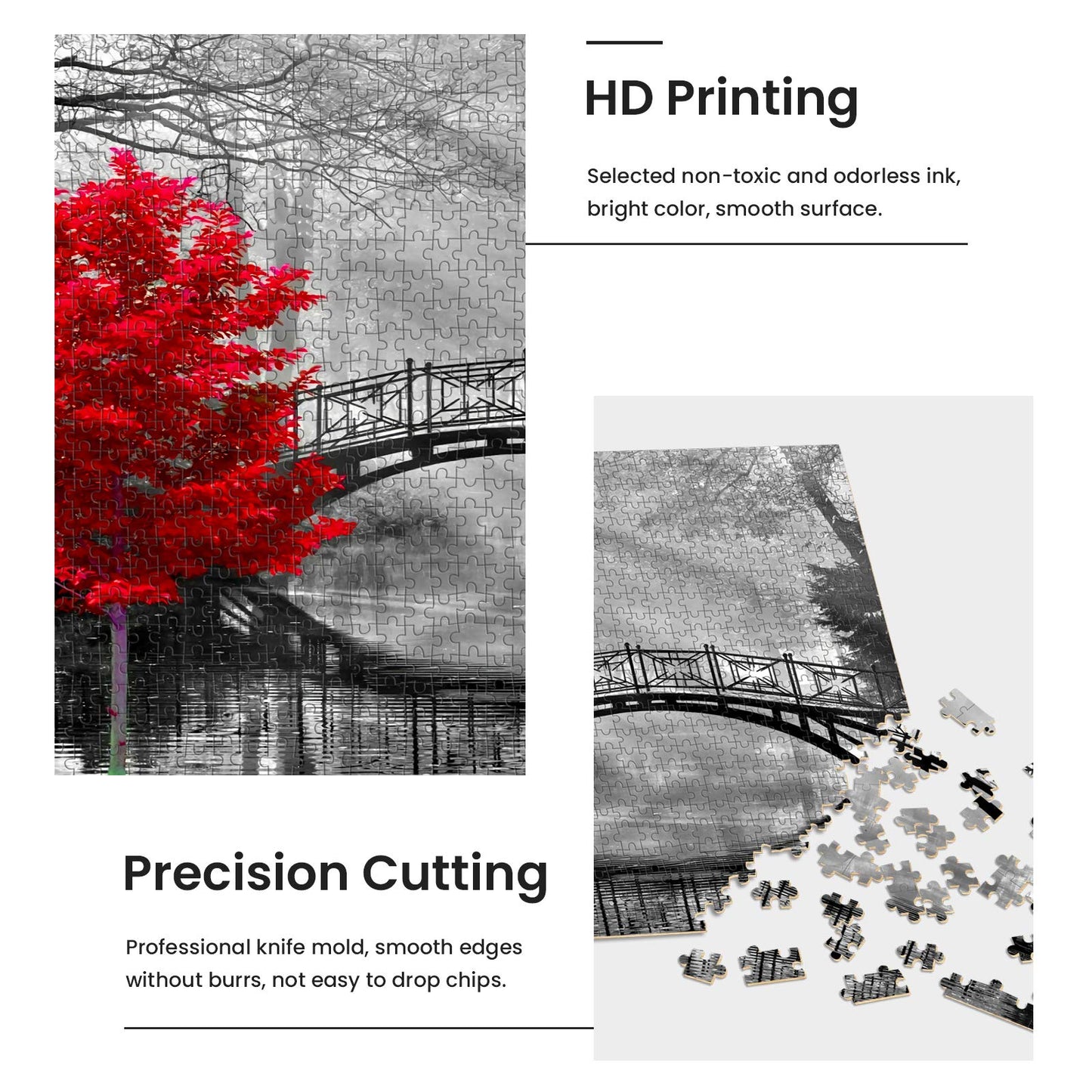 najiaxiaowu mature-themed Puzzle Classic Jigsaw Puzzle 1000 Pieces Wooden Puzzle DIY Black and White Bridge and Red Tree Modern Home Decor Intellectual Game Wall Art Unique Gift 75x50cm