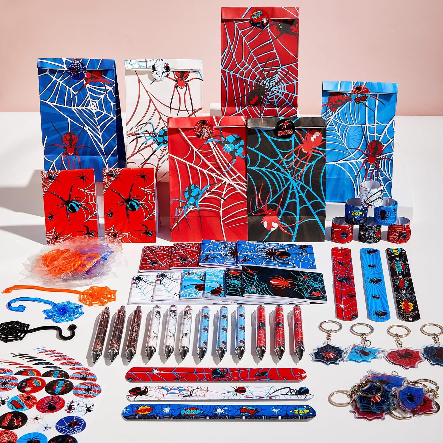 84pcs Spider Party Favors with Pens Notepads Paper Gift Bags Spider Web Key Chains Slap Bracelet Sticker Red Black Spider Themed