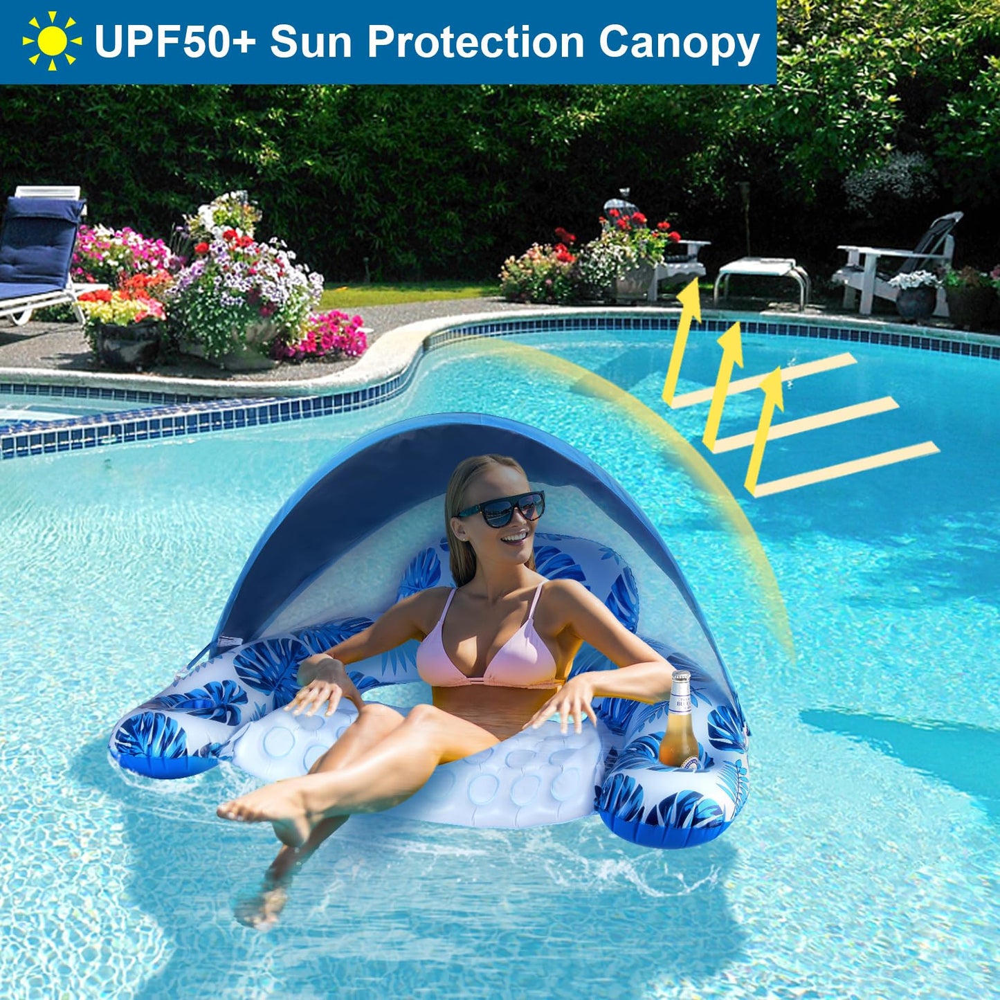 COOLCOOLDEE Pool Float with Canopy Cup Holder - XL Pool Chair Lounge Float with Adjustable Sun Shade Cover  Drink Holder Ergonomic Headrest Inflatable Pool Float for mature-themeds(Deep Blue)