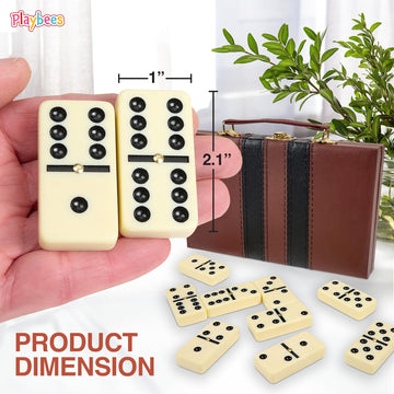 Playbees Jumbo Double Six Domino Set - 28 Thick White Tiles - Sophisticated Wooden Vegan Leather Box - Classic Family Game - Mat