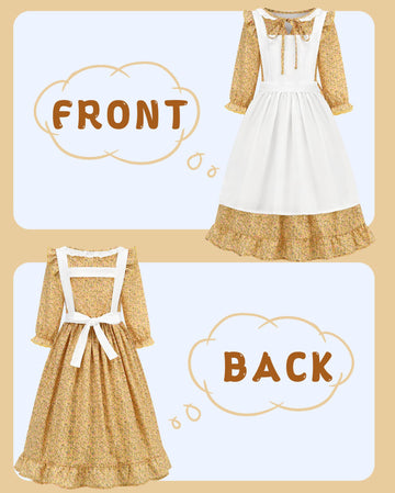 Aoiviss Pioneer Girls Dress Floral Colonial Prairie Costumes For Little Kids With Apron And Bonnet, Yellow