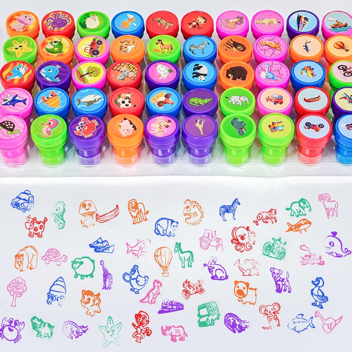 Cinrobiye 50 PCS Stampers for Kids ,Animal Car Fun Theme Self-Inking Stamp Set for Party Favors Classroom Rewards DIY Crafts Goo
