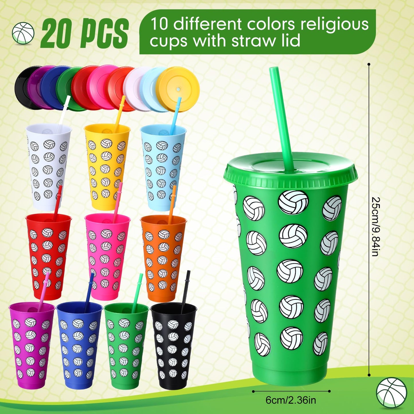 Potchen 20 Pcs Volleyball Plastic Tumbler with Lid and Straw Christmas Cup Gift 24 oz Volleyball Cups Reusable Sports Ball Plast