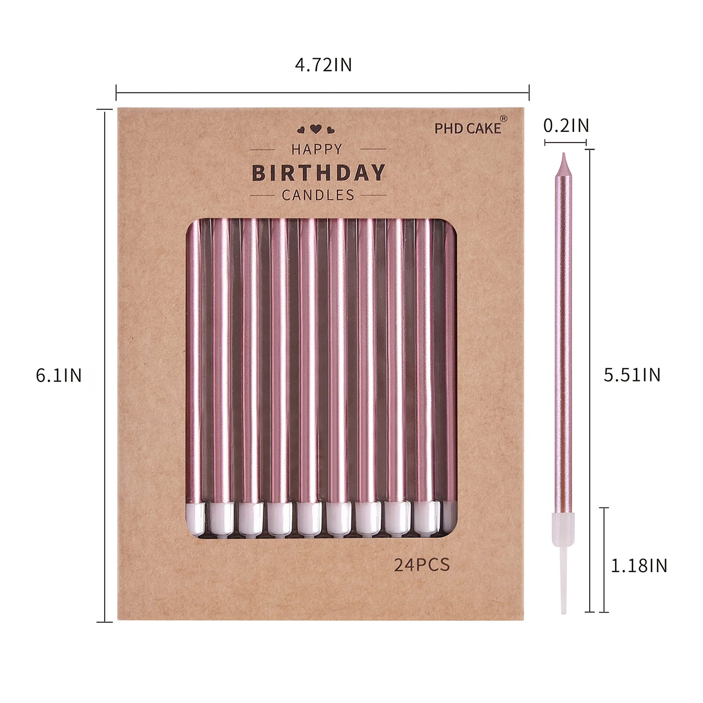 PHD CAKE 24-Count Rose Gold Long Thin Metallic Birthday Candles, Cake Candles, Birthday Parties, Wedding Decorations, Party Cand