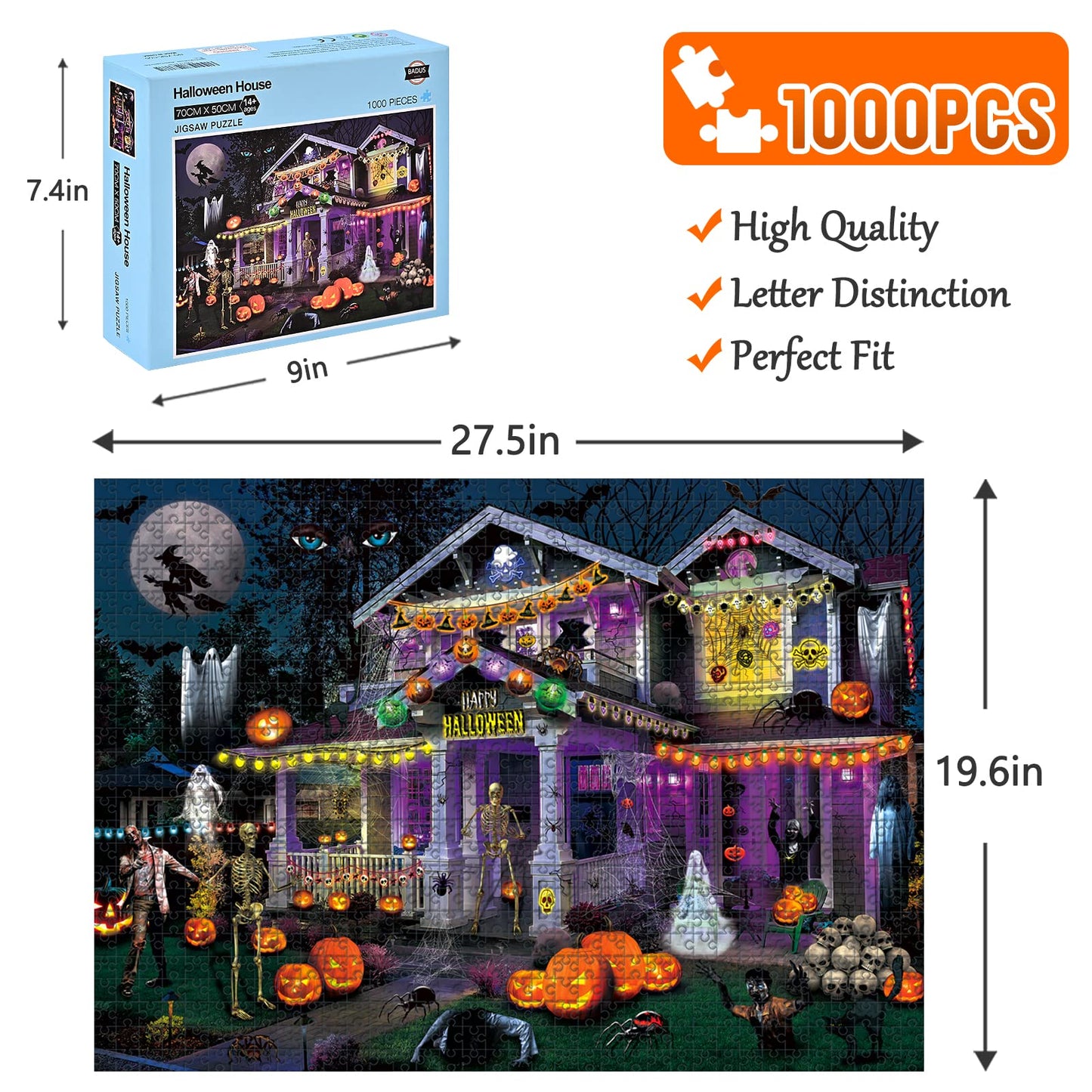 Badus Jigsaw Puzzles For Adults 1000 Pieces - 27.5'' X 20'' Fall Halloween Horror Haunted Mansion House,Pumpkin,Skeleton,Ghost G