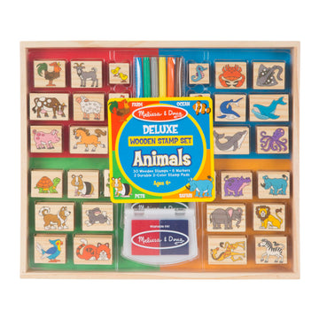 Melissa & Doug Deluxe Wooden Stamp Set: Animals - 30 Stamps, 6 Markers, 2 Stamp Pads Kids Art Projects, Wooden Stamps With Washable Ink, For Kids Ages 4+