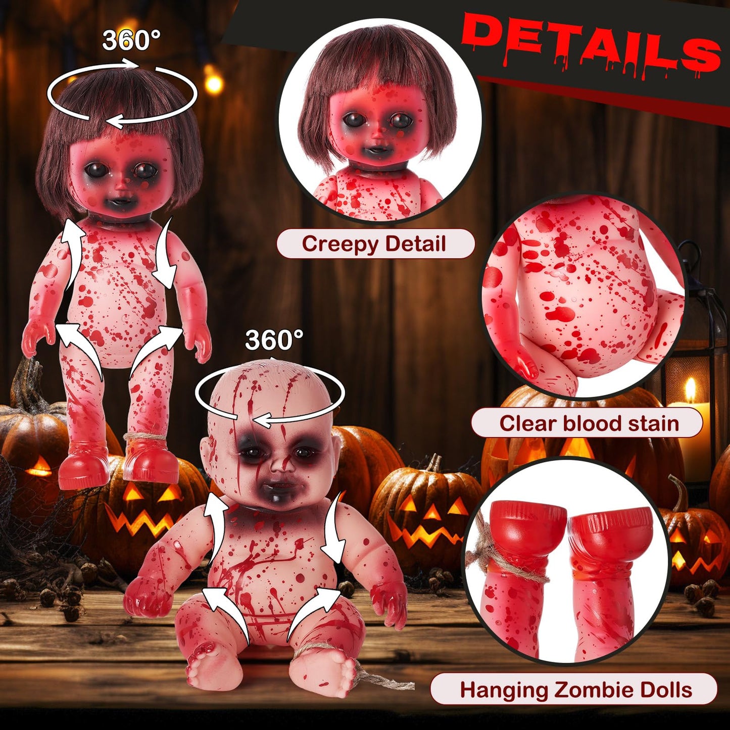 Simgoing 4 Pcs Halloween Creepy Dolls, 10 Inch Bloody Zombie Haunted Dolls, Scary Hanging Ghost Haunted With Rope For Halloween