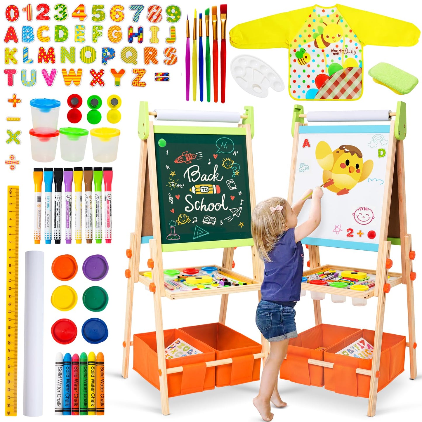 Kids Easel Including 100+ Accessories, Rundad Double Sided Wooden Easel for Kids Age 3-8 with Magnetic Chalkboard & Painting Boa