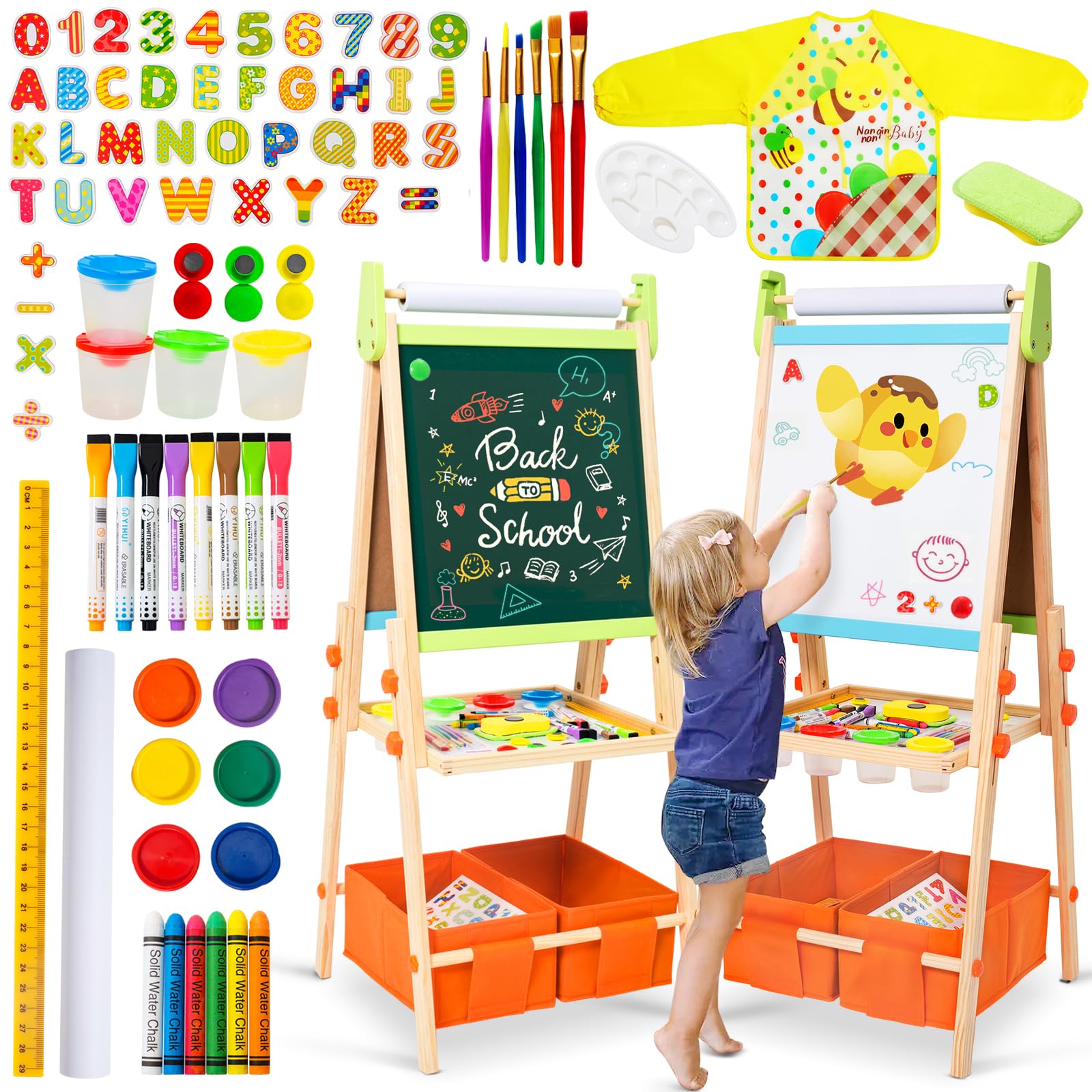 Kids Easel Including 100+ Accessories, Rundad Double Sided Wooden Easel for Kids Age 3-8 with Magnetic Chalkboard & Painting Boa