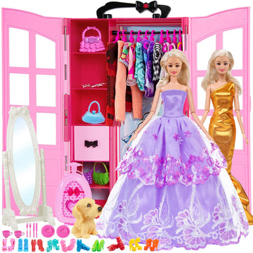 Ibayda 11.5 Inch Girl Doll With Doll Closet Wardrobe Clothes And Accessories Including Doll, Wardrobe, Mirror, Outfits, Dress, Shoes, Hangers, Handbags, Necklace, Crown And Dog (Include Doll)