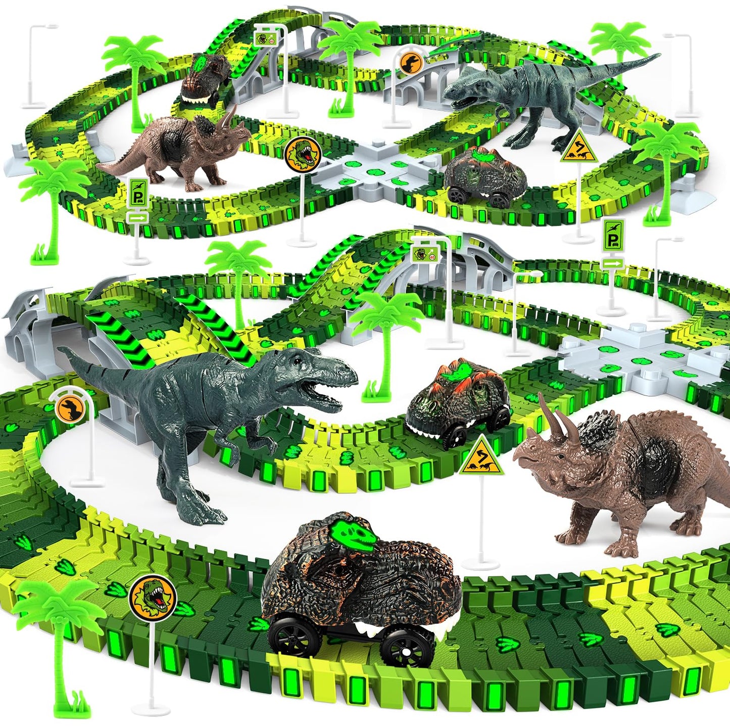 Dinosaur Toys, Create A Dinosaur World Road Race Tracks Glow in The Dark Flexible Train Track Playset, 2pcs Dinosaur Car for 3 4