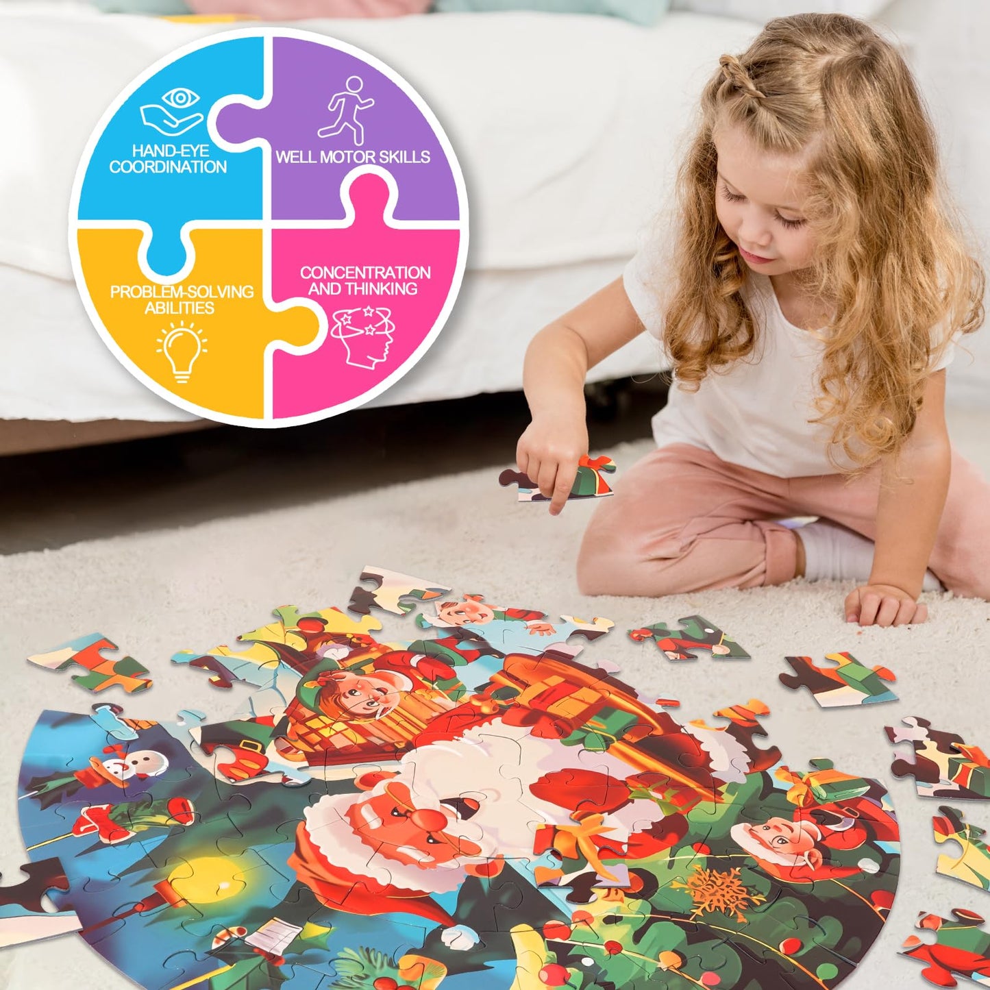 Jigsaw Floor Puzzles For Kids Games - Christmas 70 Pieces Large Toddler Puzzles For Girls Boys Ages 3 4 5 6 7 8 Years Old - Educ