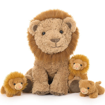 Tezituor 4 Piece Lion Plush Set 17.7 Inch Large Lion Stuffed Animals, Back Zipper Unzip Inside 3 Cute Little Lions, Soft Cuddle Lion Plush Boys Girls Birthday Gift Forest Party Decoration