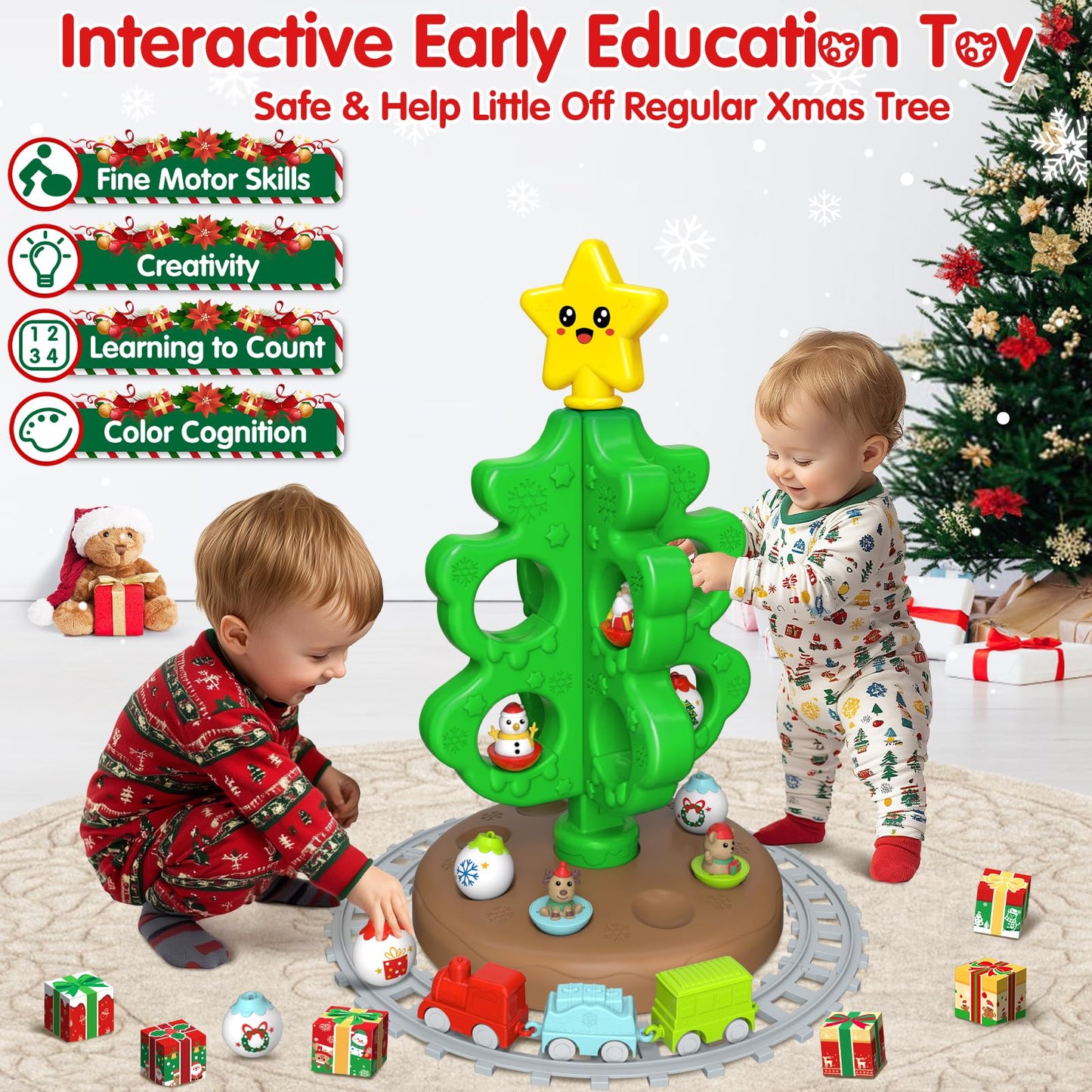 maysida Baby First Mini Christmas Tree for Kids, Learning Toys Colorful Plastic Finger Puppets Snowman/Elk/Santa Tumblers for To