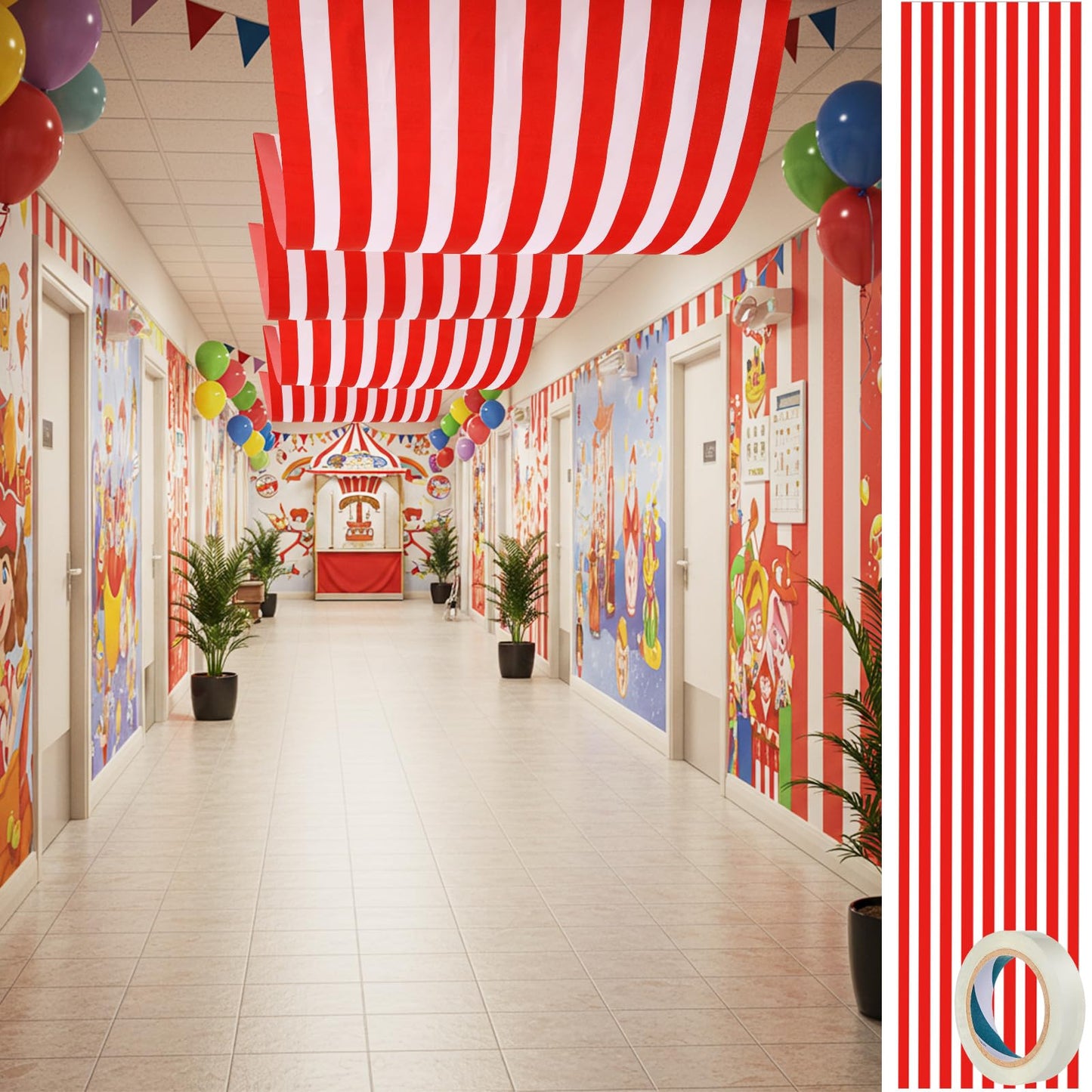 HunnmingRe 1 Pack Carnival Ceiling Decorations 32 Inch x 16 ft Red and White Circus Hanging Banner with Tape Ceiling Decor for C