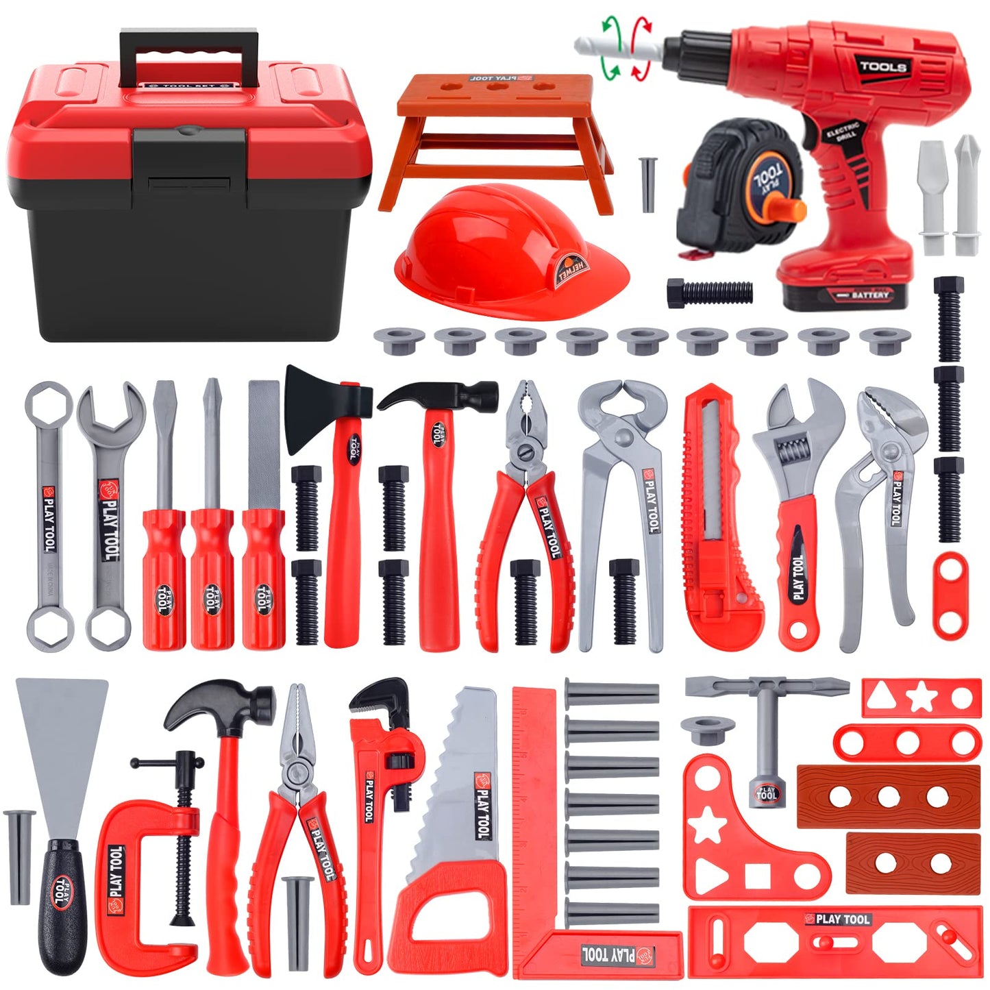 iKaufen Kids 68-Piece Toddler Tool Set with Tool Box & Electric Toy Drill - Pretend Play Construction Toy Set for Boys & Girls A