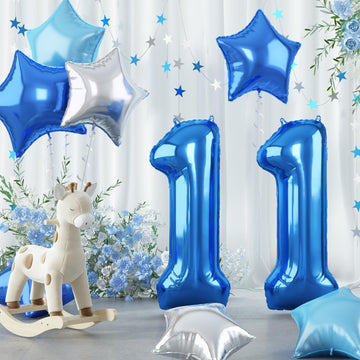 11Th Birthday Balloon For Boys, 40 Inch Balloon Number 11 Dark Blue, Large Star Foil Mylar Balloon Light Royal Blue Silver, Heli