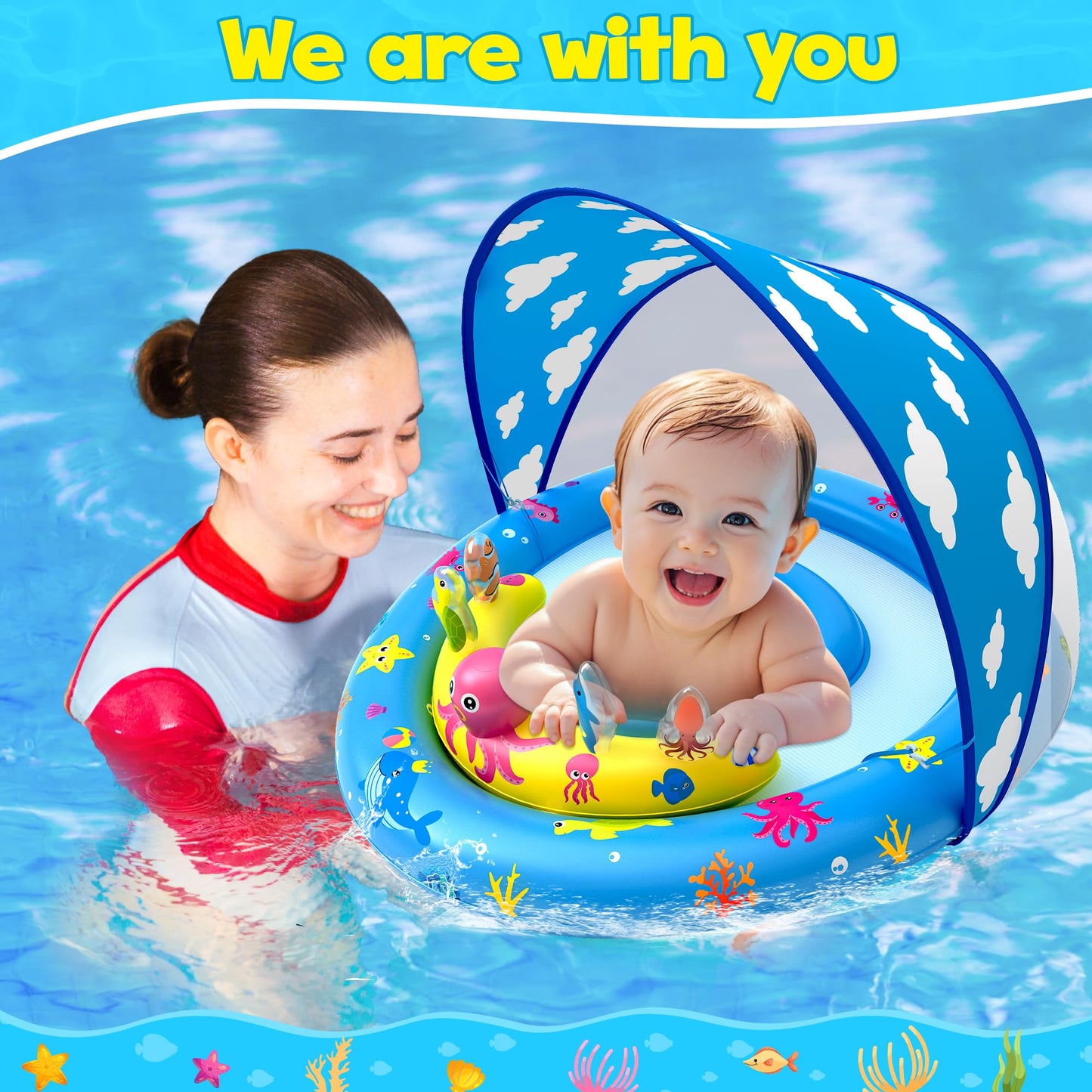 ZIZZ Baby Pool Float with Canopy - Inflatable Baby Swimming Float with UPF50+Sun Protection  Infant Pool Float with Toy Play Console Adjustable Seat for Boys Girls Toddler 6-36 Months
