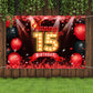 Happy 15th Birthday Banner Backdrop Red and Black 15 Years Old Background Bday Decorations for Girls Boys Photography Party Supp