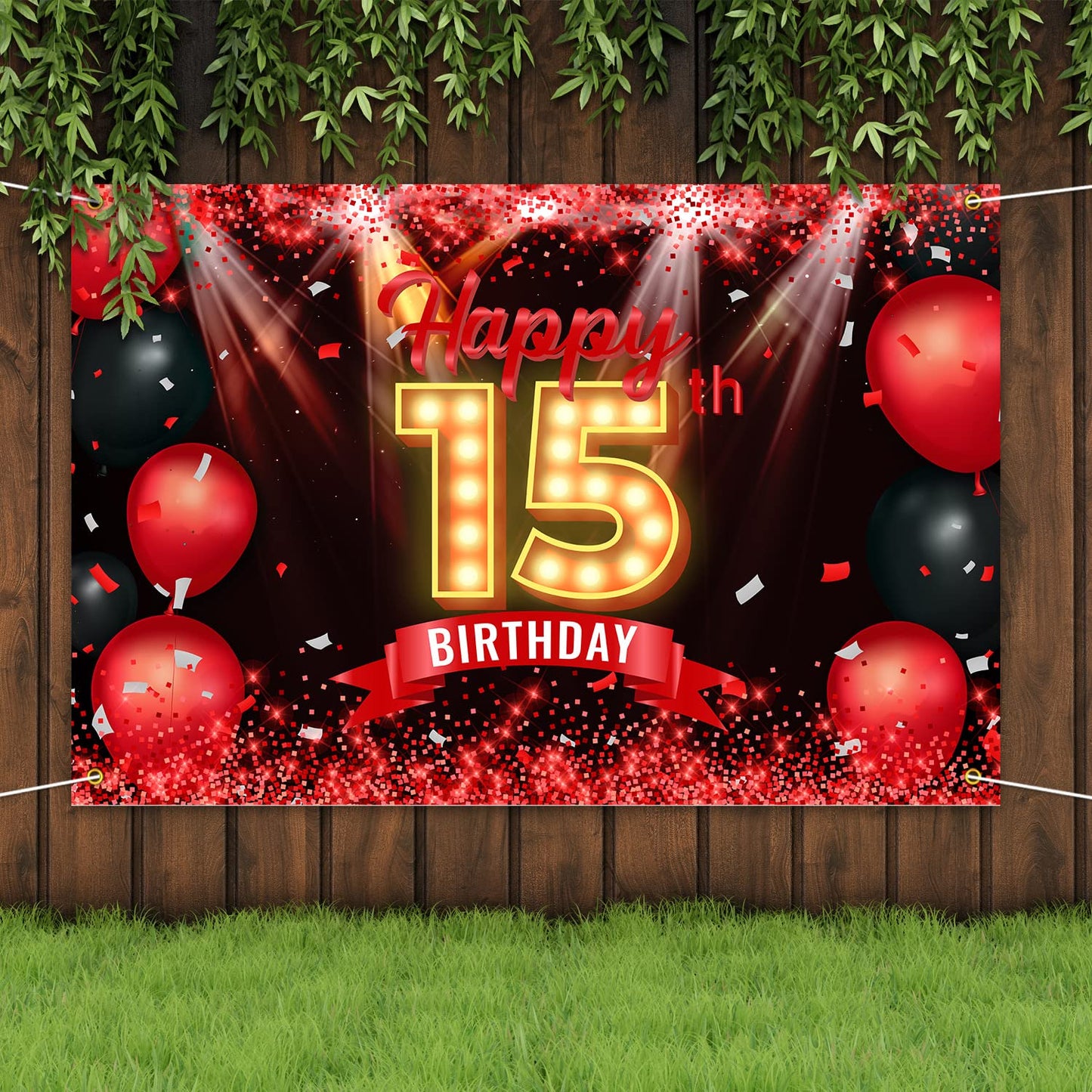 Happy 15th Birthday Banner Backdrop Red and Black 15 Years Old Background Bday Decorations for Girls Boys Photography Party Supp