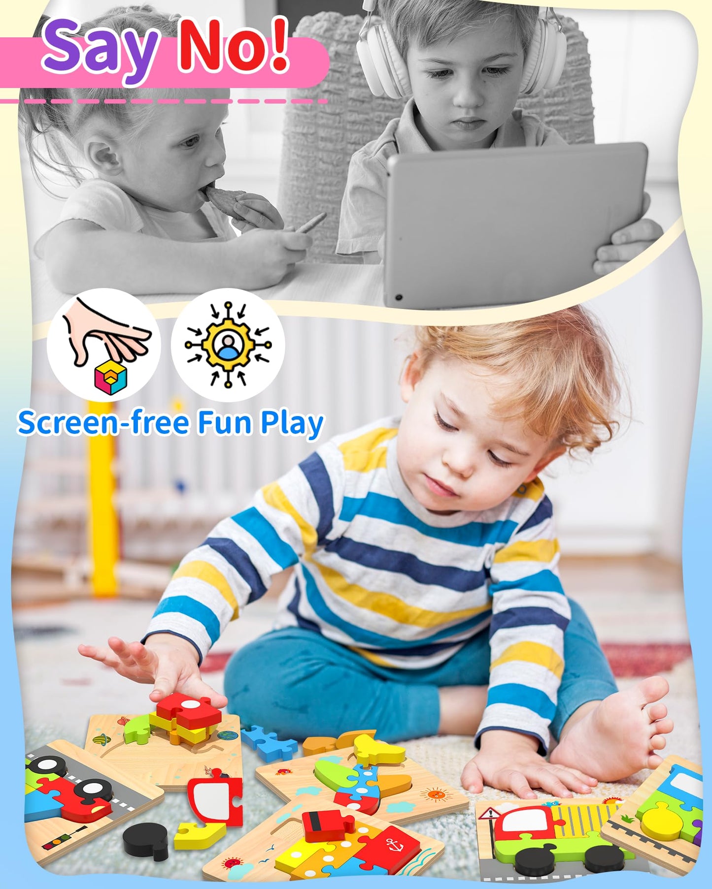 Wooden Puzzles Toddler Toys For 1 2 3 Years Old Boys Girls, 6 Vehicle Shape Learning Educational Blocks Birthday Gifts Sensory T
