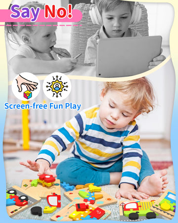 Wooden Puzzles Toddler Toys For 1 2 3 Years Old Boys Girls, 6 Vehicle Shape Learning Educational Blocks Birthday Gifts Sensory T