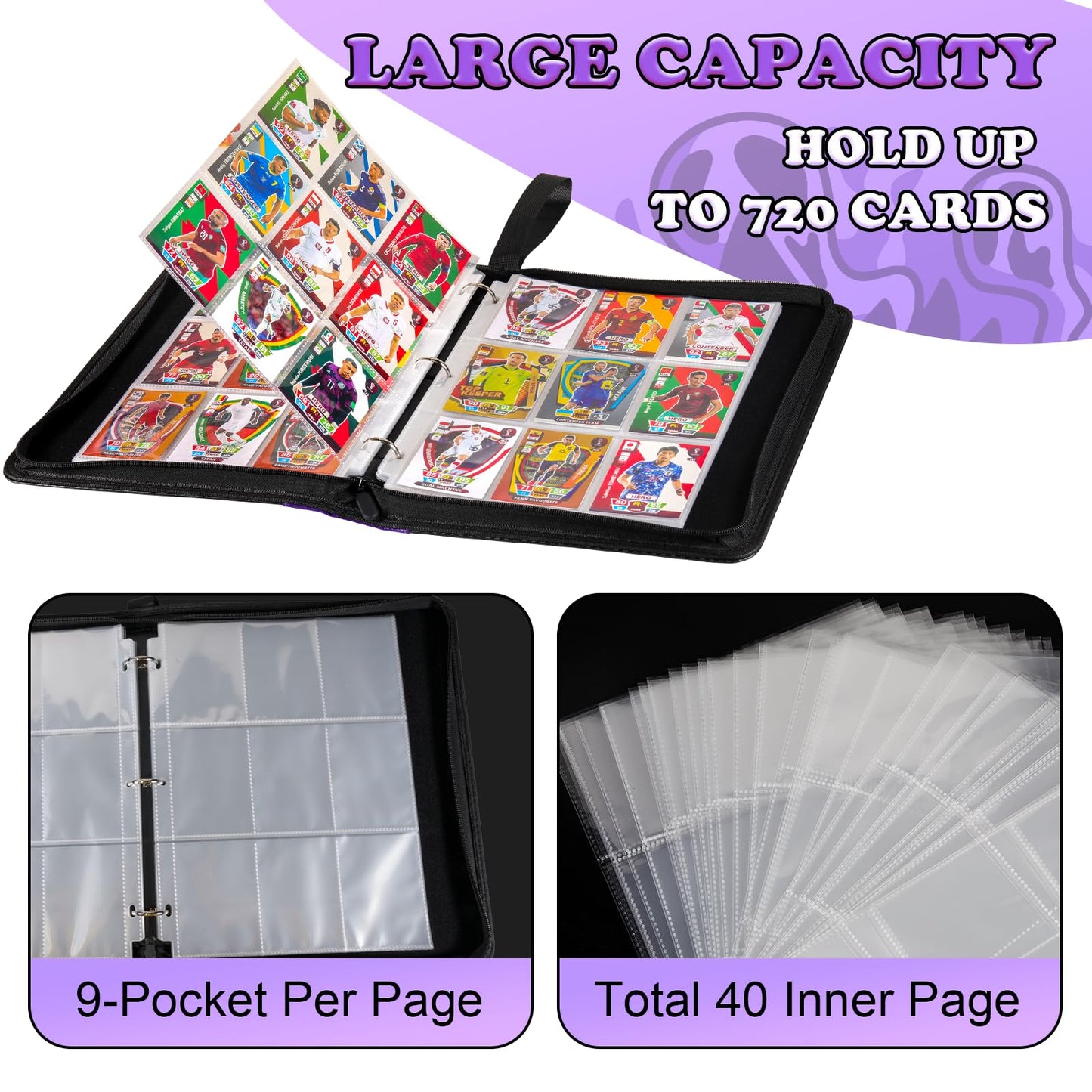 LIMSTDIC Card Binder for Pokemon Card  9 Pocket 40 Double-Sided Pages for 720 Card Pocket enhanced Zip PU Card Binder for Pokemon  Collectible For TCG MTG Baseball Football Trading Card Game(Purple)