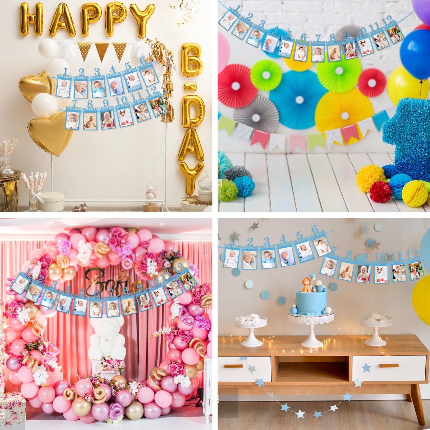 Nogeqi 12PCS 1st Birthday Photo Banner from Newborn to 12 Months, 1st Year Down Birthday Decorations, Glitter First Birth Day Ba