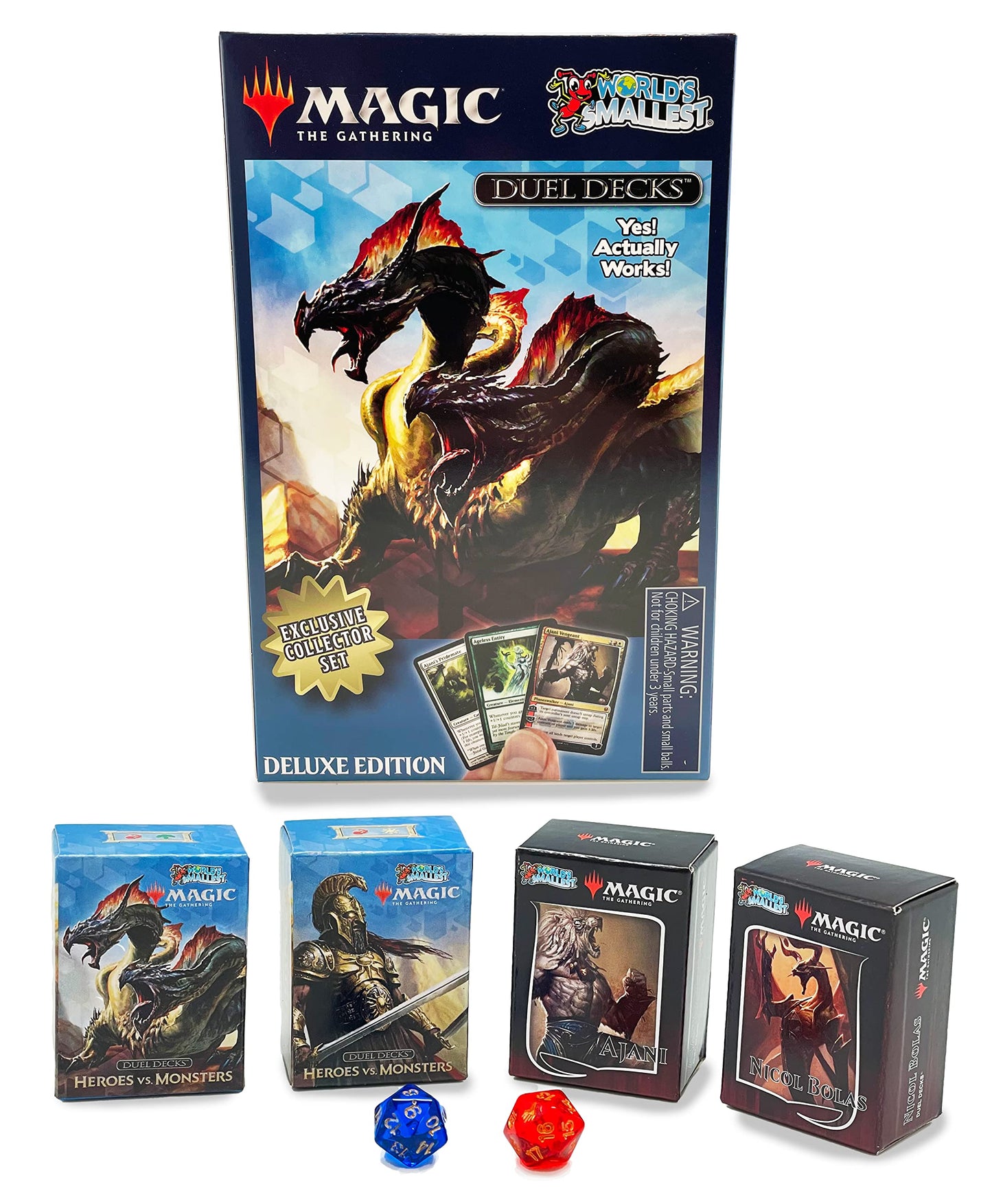 Worlds Smallest Magic: The Gathering Exclusive Collector Set Featuring Ajani Vs. Nicol Bolas And Heroes Vs. Monsters Duel Decks And Exclusive Playing Dice