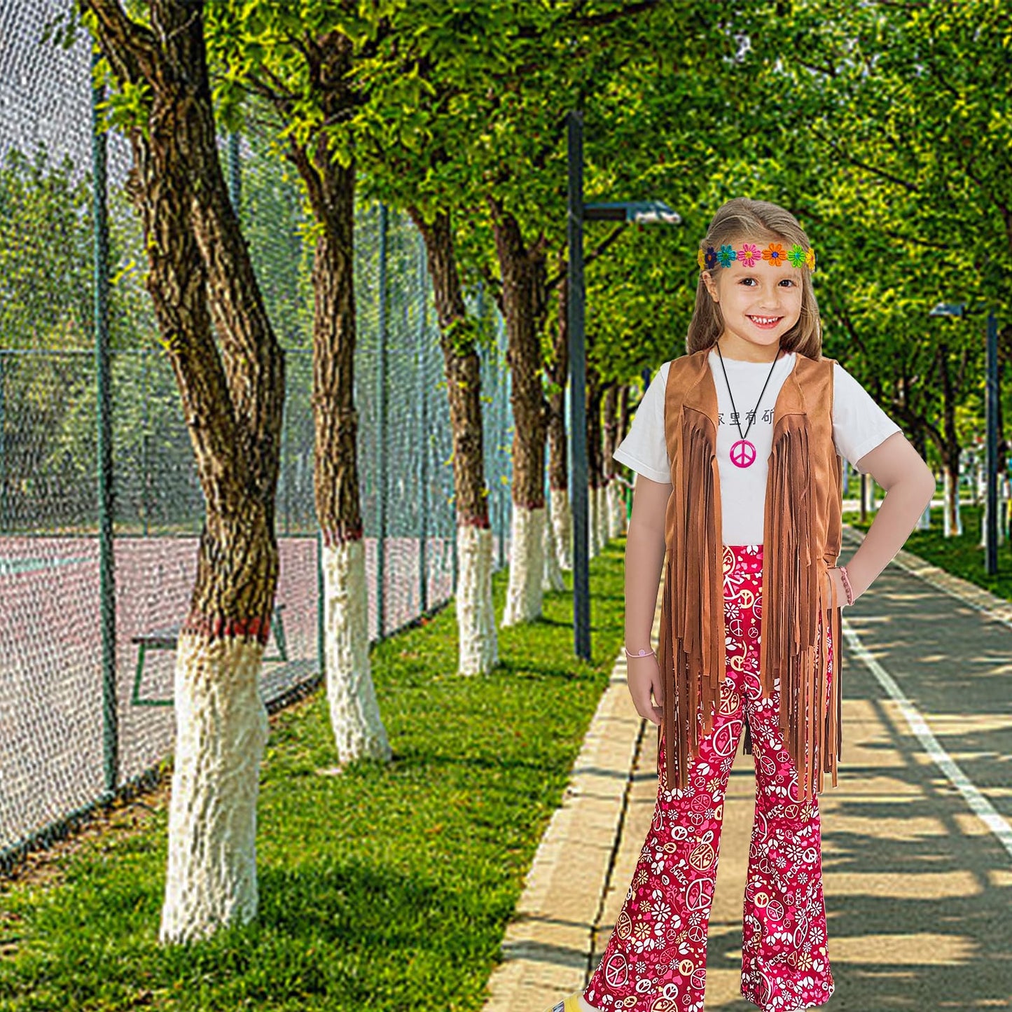 Xonyicos 8 Pcs Girls Kids 60S 70S Hippie Costume Disco Outfits Fringe Vest Boho Bell Bottoms Hippie Outfits Accessories Set (Bro