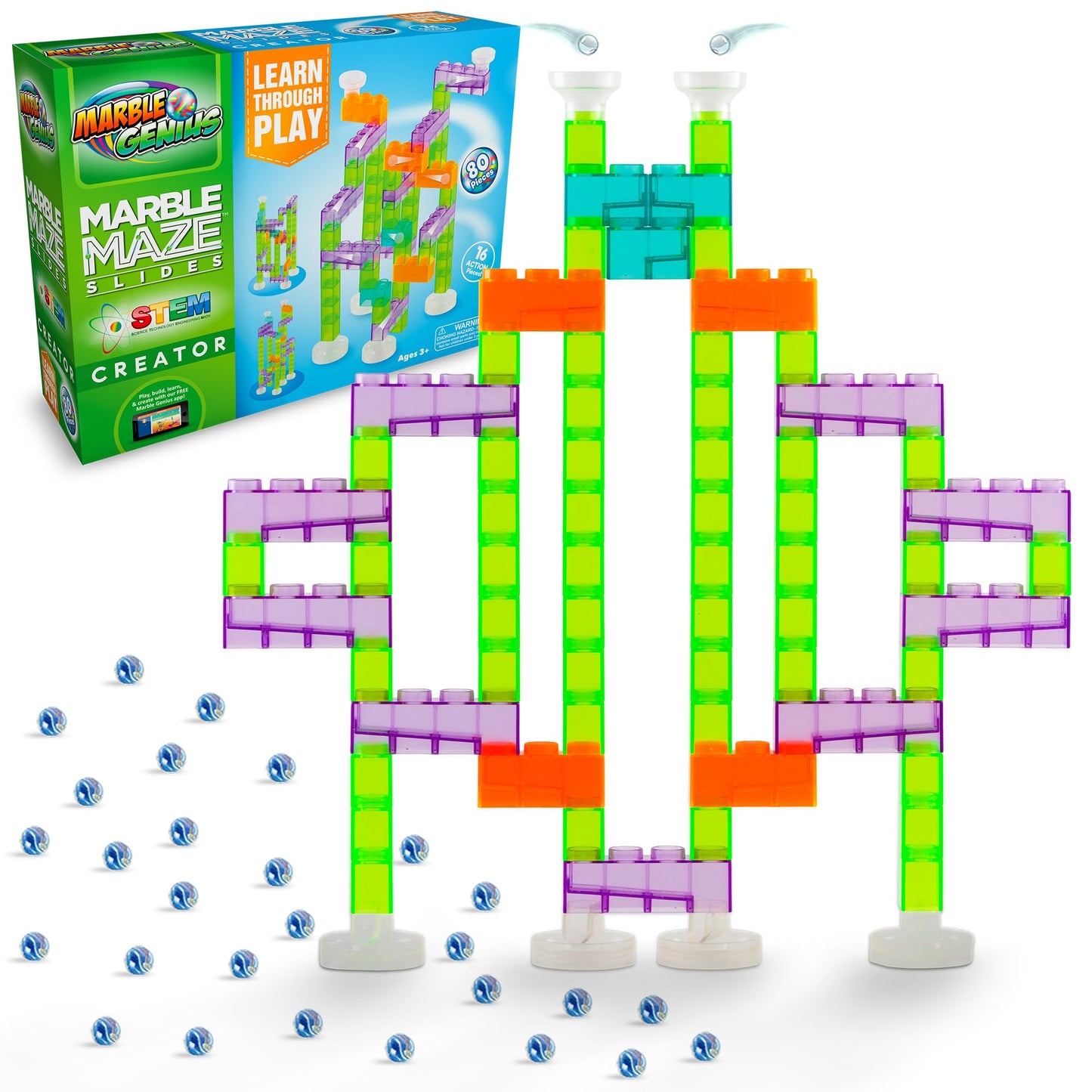 Marble Genius Marble Maze Slides 80-Piece STEM Creator Set with App Access - Race & Discover with 16 Action Marble Run Pieces -Like New